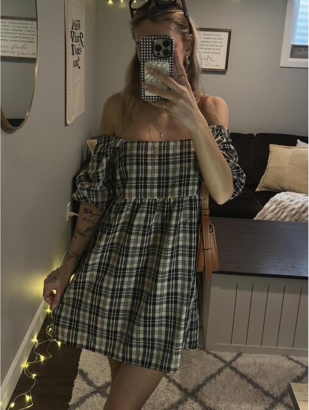 Black and Cream Plaid Babydoll Mini Dress 🖤